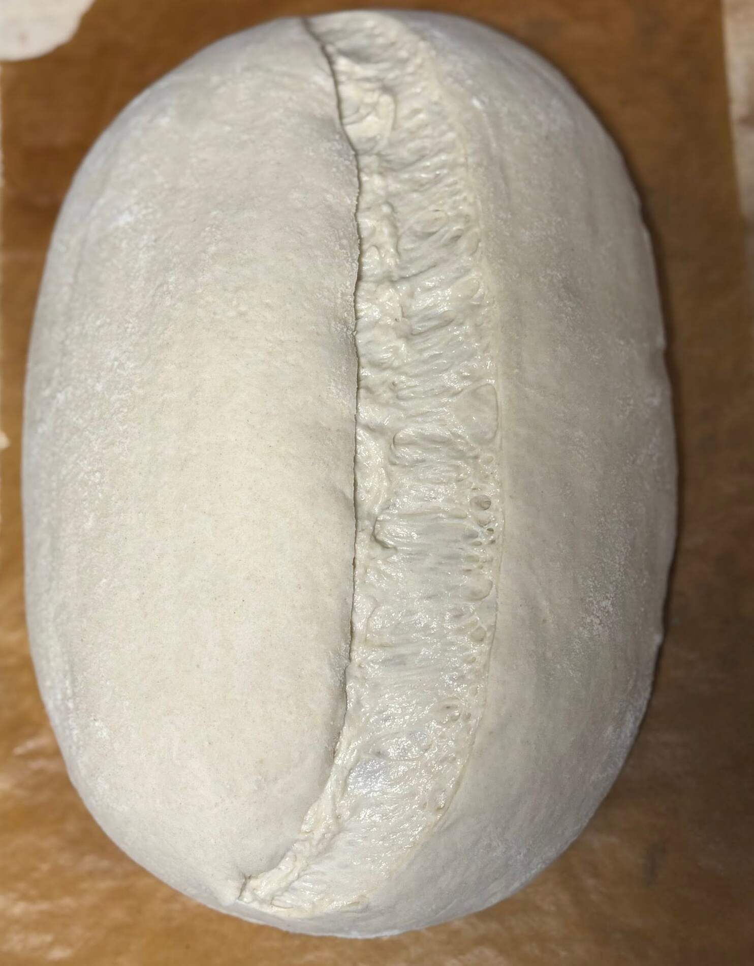 Frissen formázott kovászos kenyértészta lisztezett deszkán